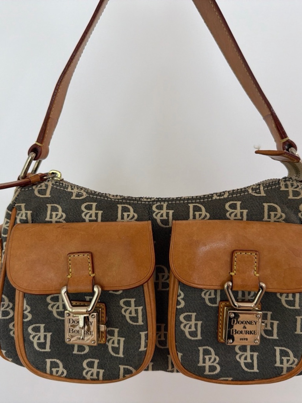 Dooney & Bourke Brown Monogram Canvas Shoulder Bag with Tan Leather Trim